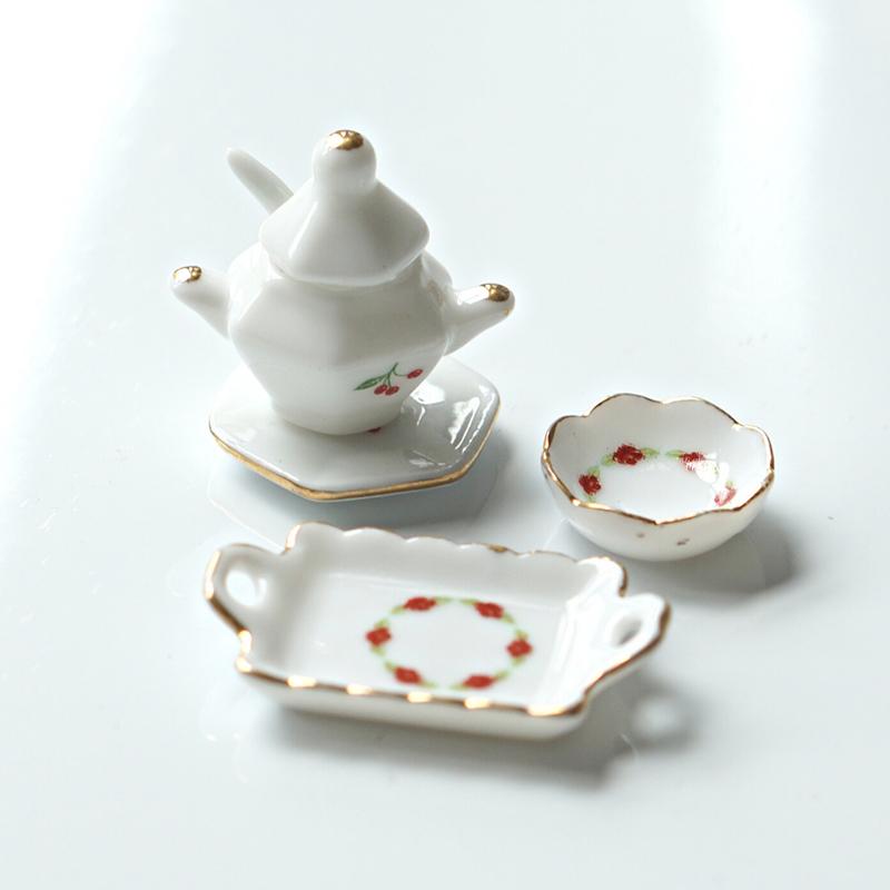 1 Set Doll House Decoration Mini Ceramic Tea Kit Simulation Kettle Plate Model Toy 1/12 Dollhouse Miniature Accessories