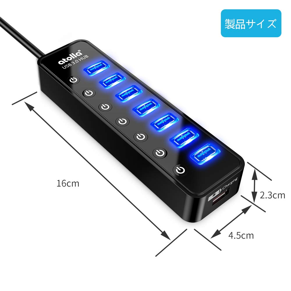 Atolla USB Expansion 1 Charging with Independent AC and 100cm USB 3.0 Hub, 7-Port + Port, Self-Powered/Bus-Powered, Switches, 5V/4A Adapter, Cable.