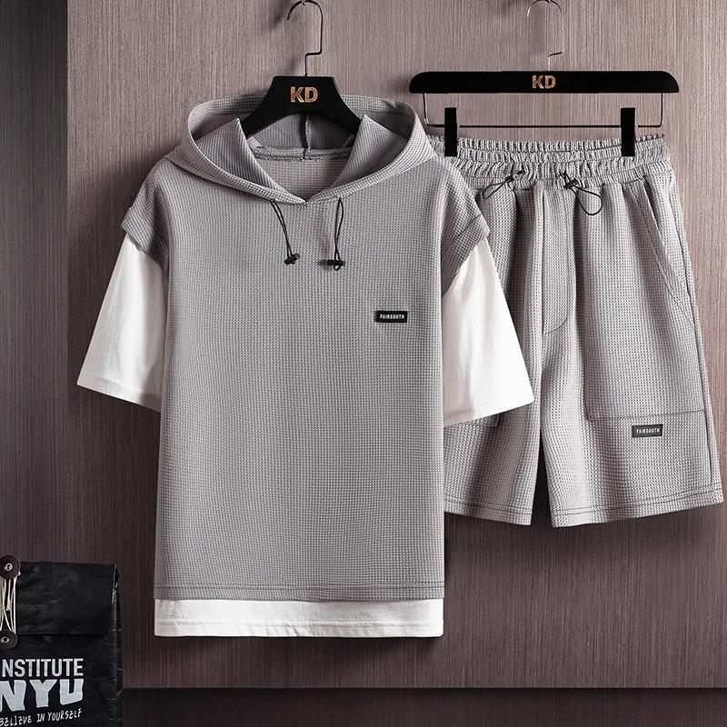

Men Casual Sportswear Set Ort Sve Hoodie T-irt Loose Fit Summer Brand Mo Two-Piece Ensemble for Teens XL сірий
