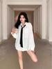Women's White Tie Shirt - College Style, Non-Iron, Loose Fit, Medium-Length, Versatile Spring/Autumn Top