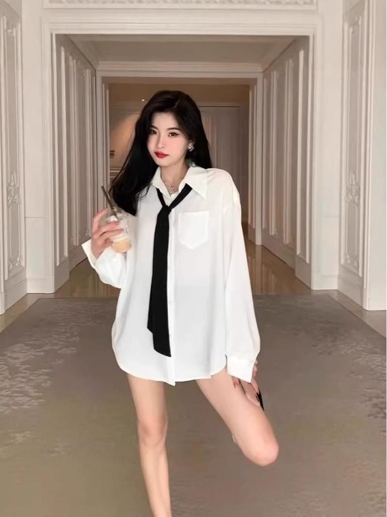 Women's White Tie Shirt - College Style, Non-Iron, Loose Fit, Medium-Length, Versatile Spring/Autumn Top