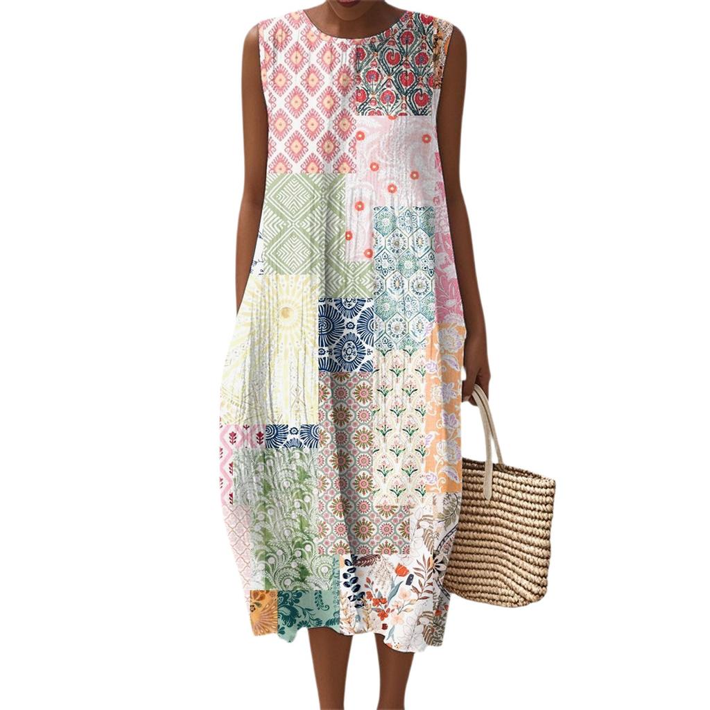 Abito da Donna alla Moda Casual Senza Maniche Girocollo Retrò Boemo Elegante Temperamento
