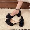 Fashion French Bow Block Heel Mary Jane Shoes Women's New Spring and Summer Round Toe Shallow Mouth One Buckle Beaded Heels