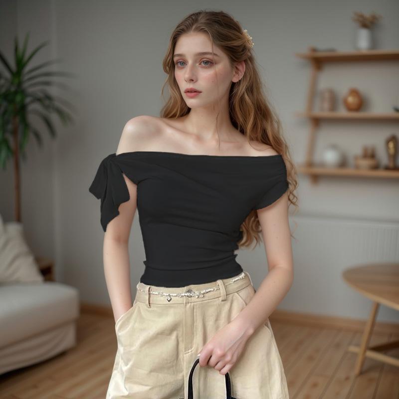 2025 Women'S Summer Ins Style New Shrink Pleated One-Shoulder Crop Top Backless Twist Tie Asymmetric T-Shirt Casual Top