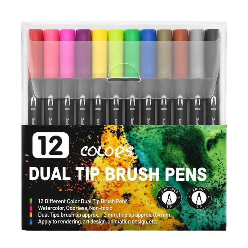 12-Color Double-Ended Marker Set: Washable, Soft-Tip Watercolor Pens for Kids' Art and Graffiti Drawing.