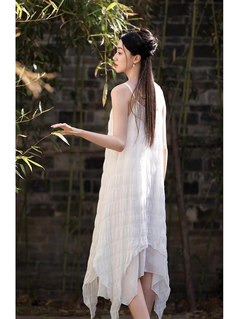 Handmade Plant-Dyed Crinkled Jacquard Irregular Maxi Dress for Women - Fairy-like, Slimming Camisole, Perfect for Summer Travel Photography