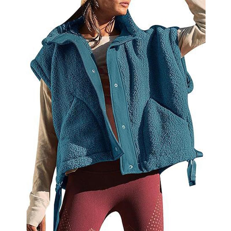 Fall and Winter Women's Faux Wool Vest Casual Sleeveless Jacket Oversized Buckle Vest Coat with Pockets
