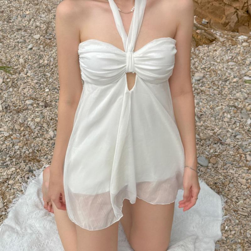 

1111 Pure desire sexy backless bikini solid color hollow neck tube top one-piece swimsuit XL білий