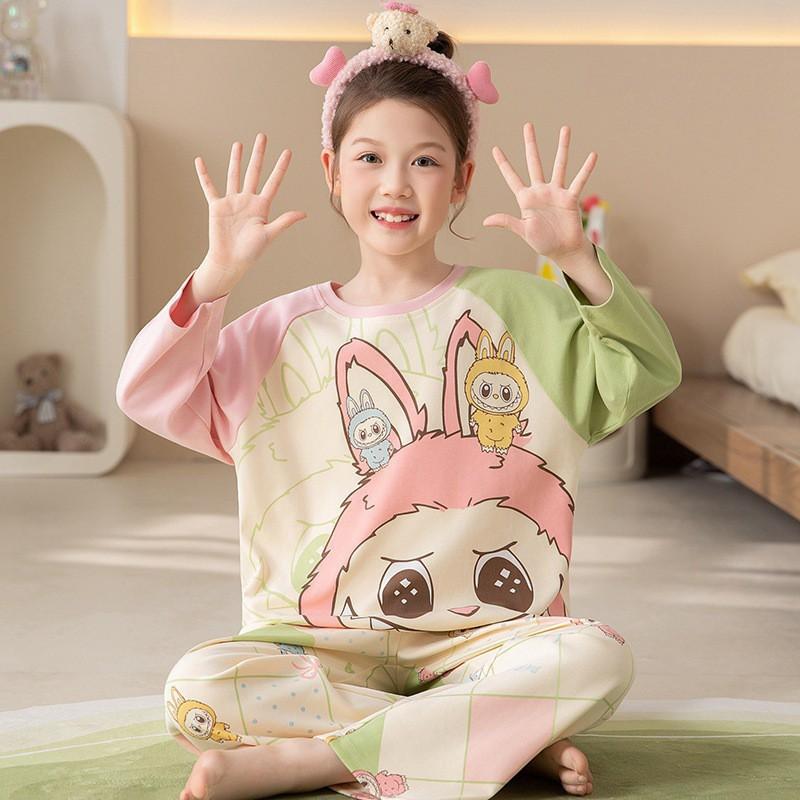 100% Cotton Girls Long Sleeve Pajamas Set Cartoon Print Round Neck Sleepwear Kids 8 Years