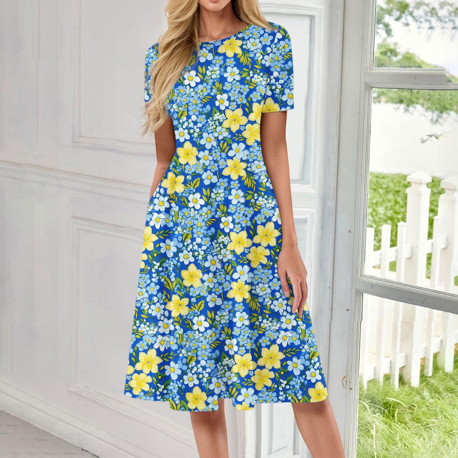 

Женский повседневный сарафан, летнее пляжное платье в стиле бохо, цветочные блузки для женщин, свободные платья с круглым вырезом M синий