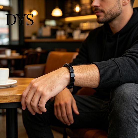 Minimalist Jewelry Men Bracelet Super Elastic Fit Black Iron Ore Non-dyed Fade Resistant Geometric Beads Wristband Non-plastic