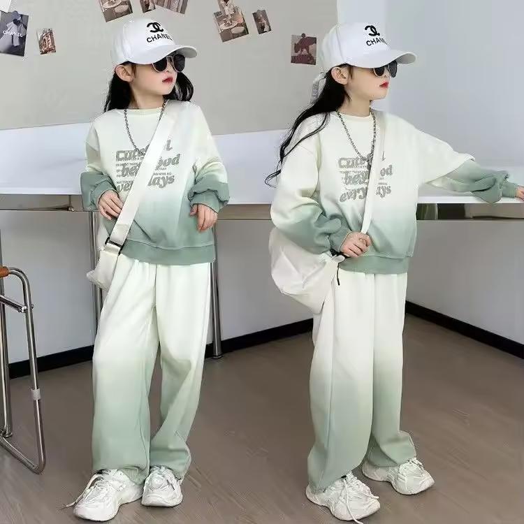Spring Autumn Girls Kids Tracksuit Children Set Cloth Loose Gradient Sweatshirt Hooded + Wide Leg Pant Suit Teens 4 8 10 12 Year