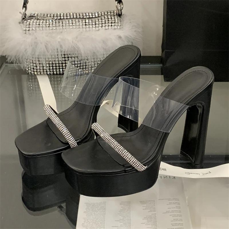 Eilyken Summer Design Style PVC Transparent Crystal Open Toe Slippers Women Chunky Platform Square Heels Shoes