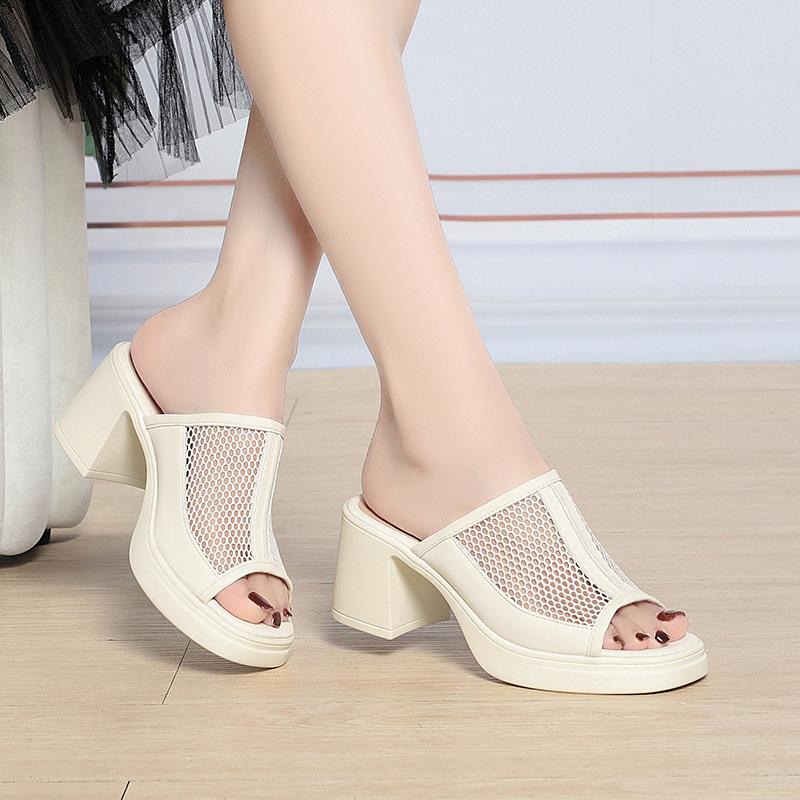 Slippers Women In Summer Thick Heel Waterproof Platform Mesh Breathable Exposed Toe High Heel Soft Sole Ladies Sandals Elegant