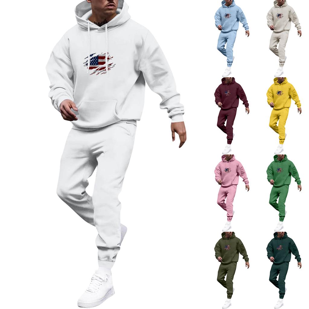 Men's Solid Color Flag Print Hooded Universal Versatile Hooded Sweatshirt Sweatpants Casual Sports Suit