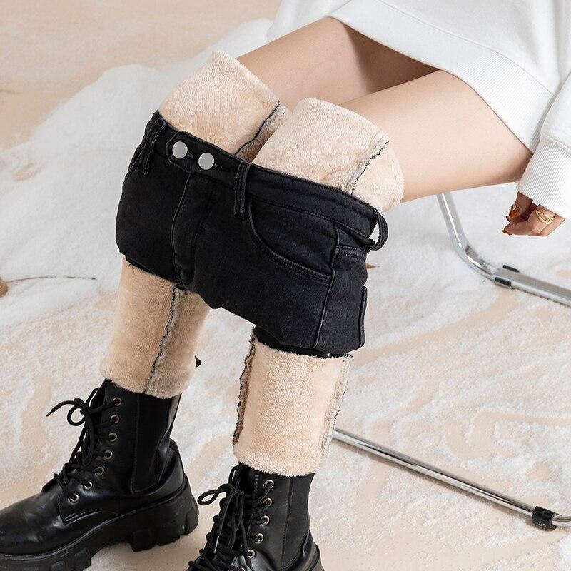 2022 Winter Korean Stytle Thick Pants Streetwear Trousers Fashion Warm Skinny Jeans for Women Female High Waist Slim Trousers