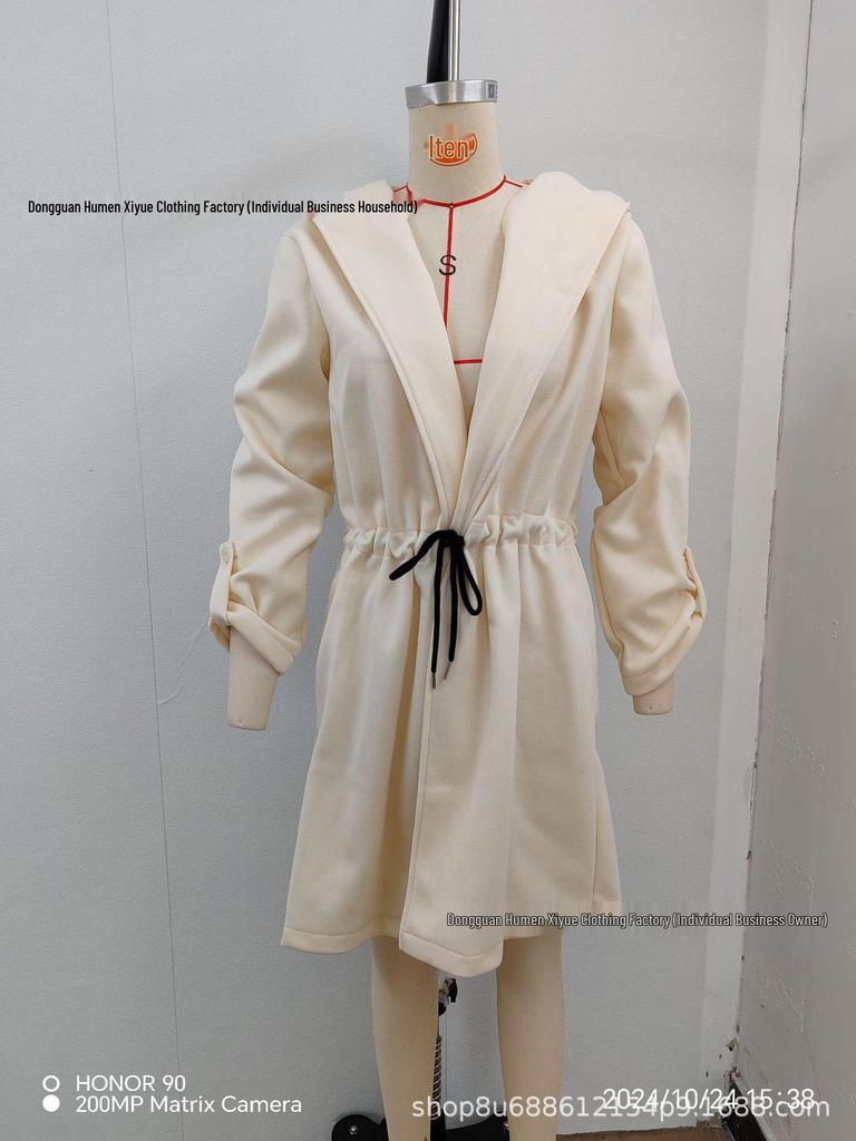 2024 European & American Women's Lace-up Hooded Lapel Long-Sleeved Casual Autumn/Winter Outerwear