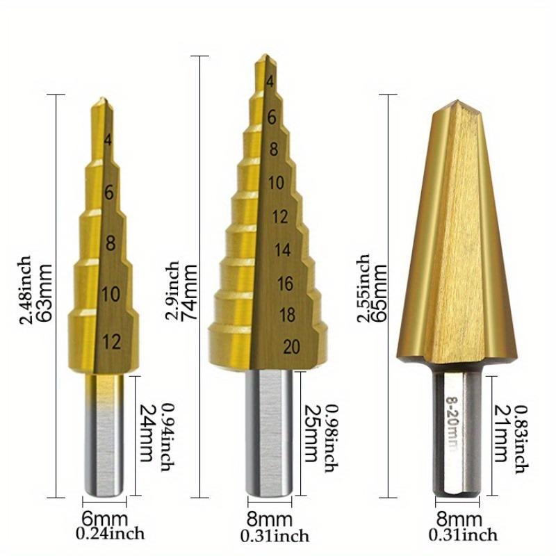 7-teiliger Stufenbohrer, Säge, Regenschirm, Fase, gerader Fräser aus Titan, 4-12/20 mm, 3 6 8 mm, für Holzarbeiten, Metall, Loch, Kegelbohrer