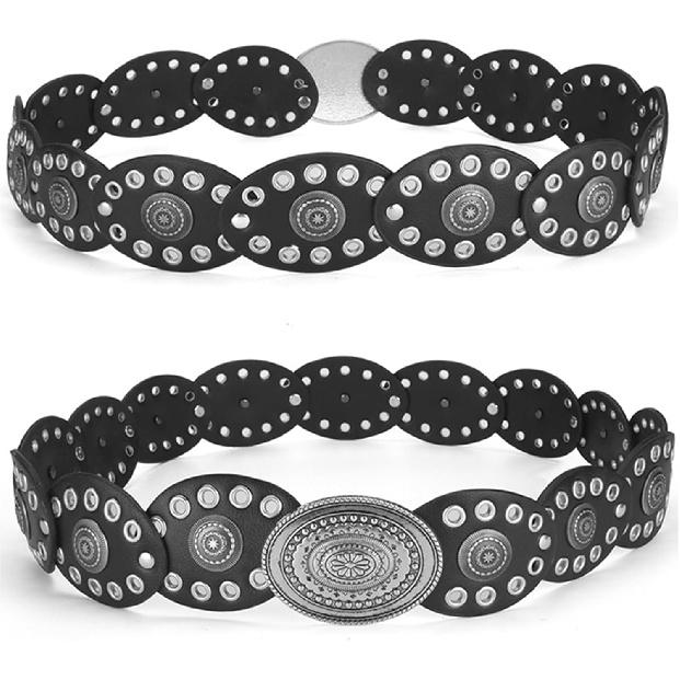 Wide Disc Belt for Women - PU Leather Western Cowboy Cowgirl Waist Belts