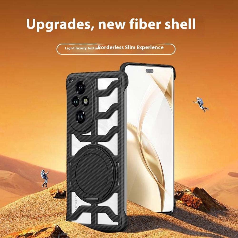 For Honor 200 Pro 5G Case with Kickstand Heat Dissipation Hard PC Phone Back Cover Carbon Fiber Texture