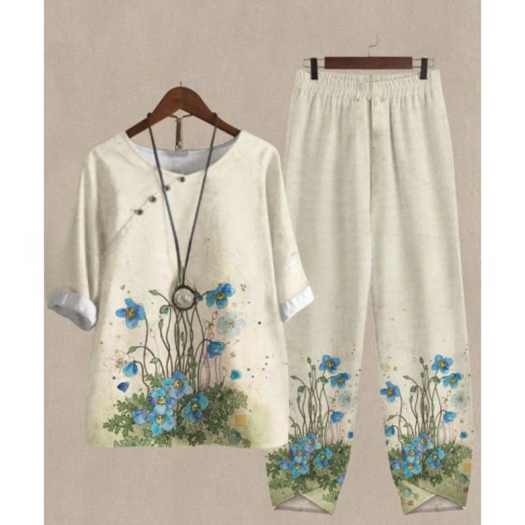 Women's Loose Fit Floral Printed Two Piece Outfit Half Sleeve T-Shirt Elastic Waist Pantsuit