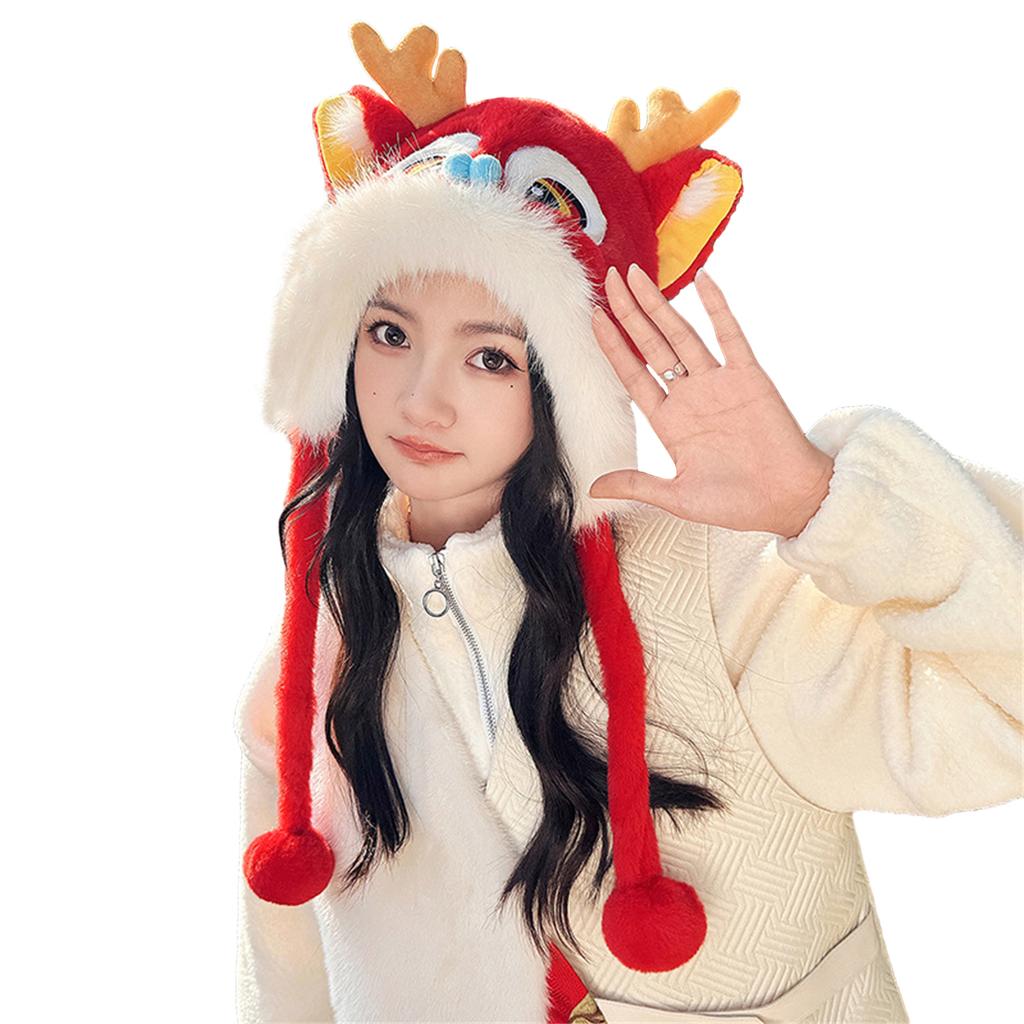 Dragon & Lion Dance Scarf Hat for Women Plush Ear Flap Hat for Girl Universal Windproof Warm Hat for Outdoor Activity