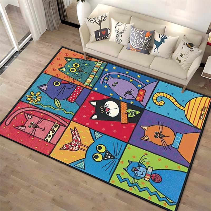 Colorful Artistic Carpet Featuring Whimsical Cats In Vibrant Abstract Patterns Suitable for Use As an Anti-slip for Room and Bedroom Sofas