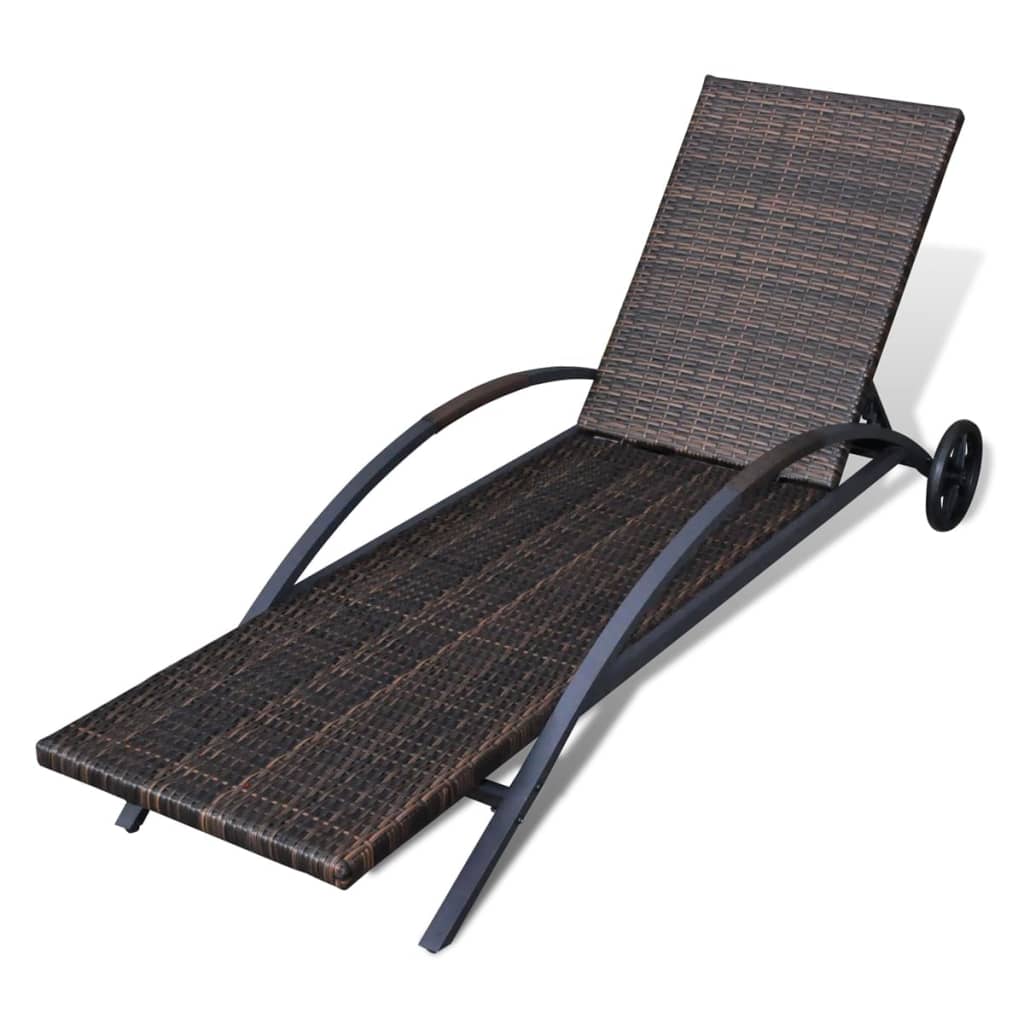 Brown Poly Rattan Sun Lounger with Cushion and Wheels