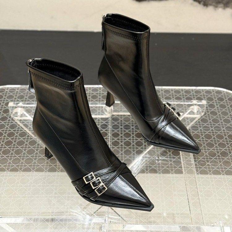 Korean Style High-End Stiletto Ankle Boots for Women - 2025 New Autumn/Winter Collection with Pointed Toe, Elastic Fit, and Buckle Detail