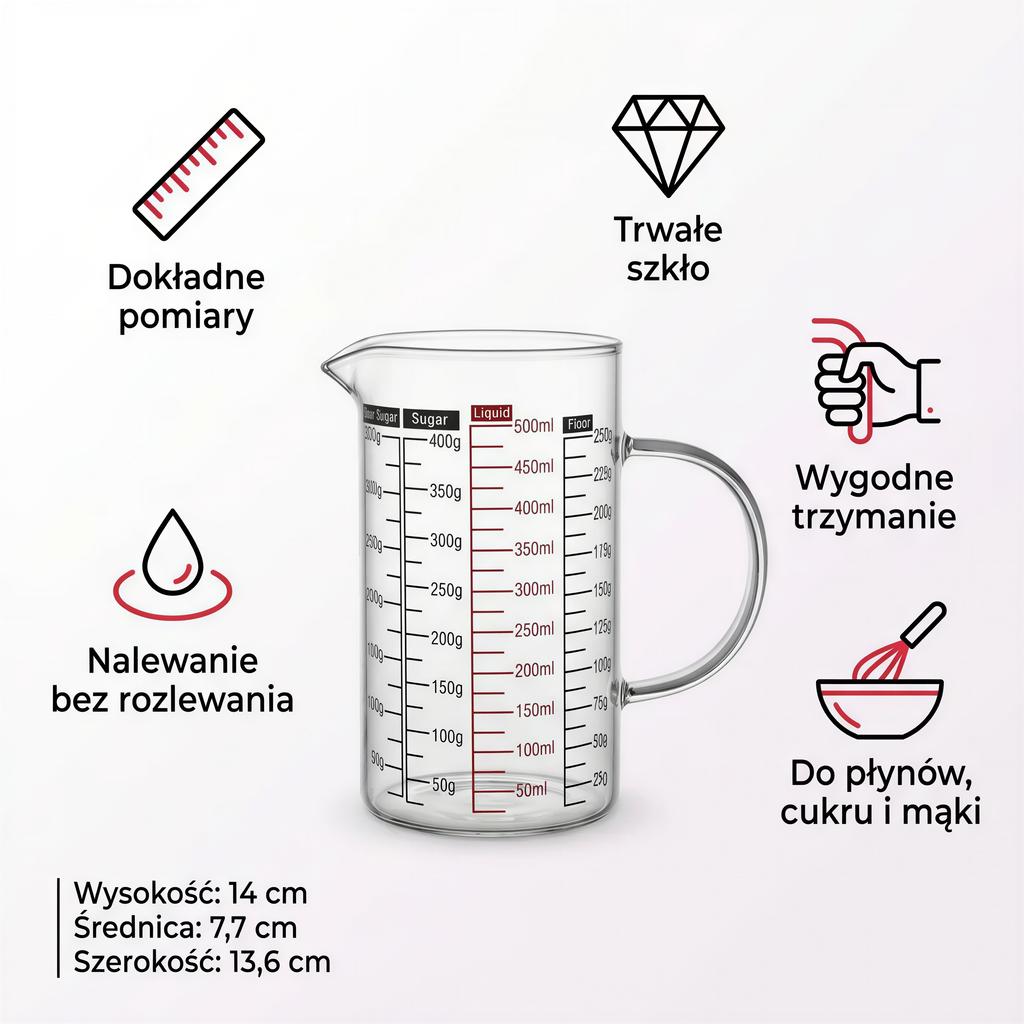 KITCHEN MEASURING JUG 500 ml HEAT-RESISTANT WITH MEASURING GRADUATION GLASS