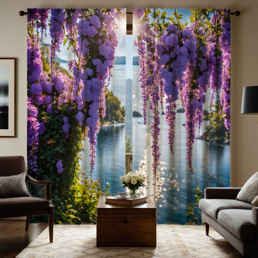 2pcs set HD lakeside Wisteria flower landscape decorative curtain Purple tie digital printed curtain Home Decoration style De
