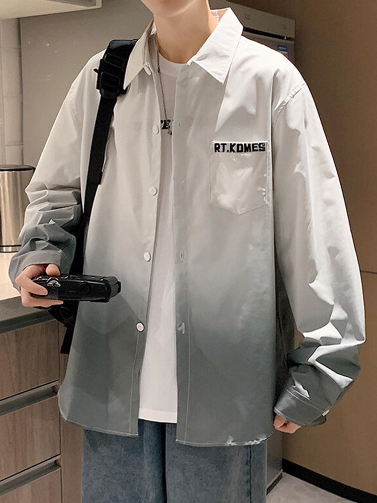 American Style Gradient Long Sleeve Men's Shirt – Casual Loose Fit with Turn-Down Collar for Spring, Autumn, and Summer.