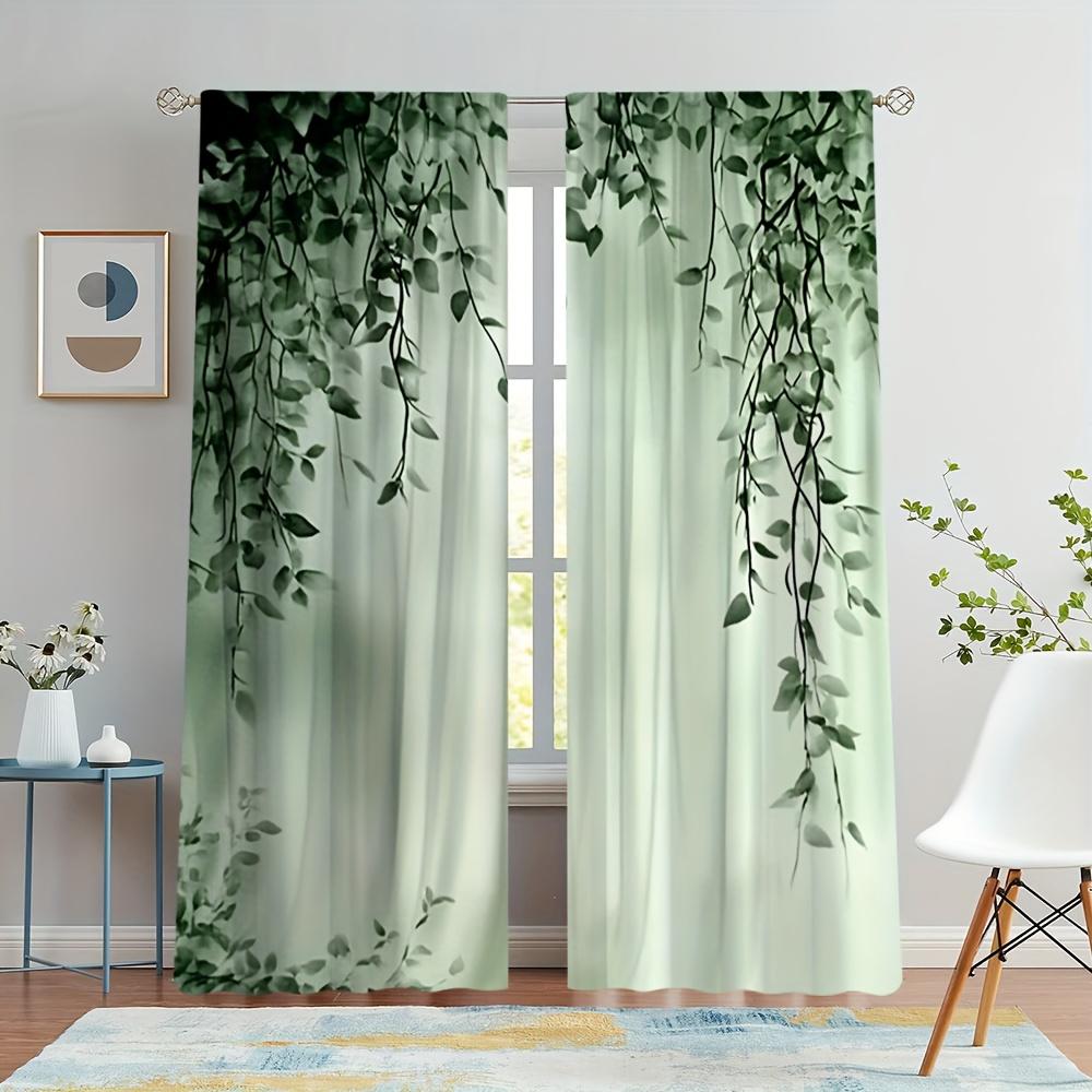 Hanging Vine Leaf Watercolor Pattern Curtains, Rod Pocket Design for Bedroom and Living Room