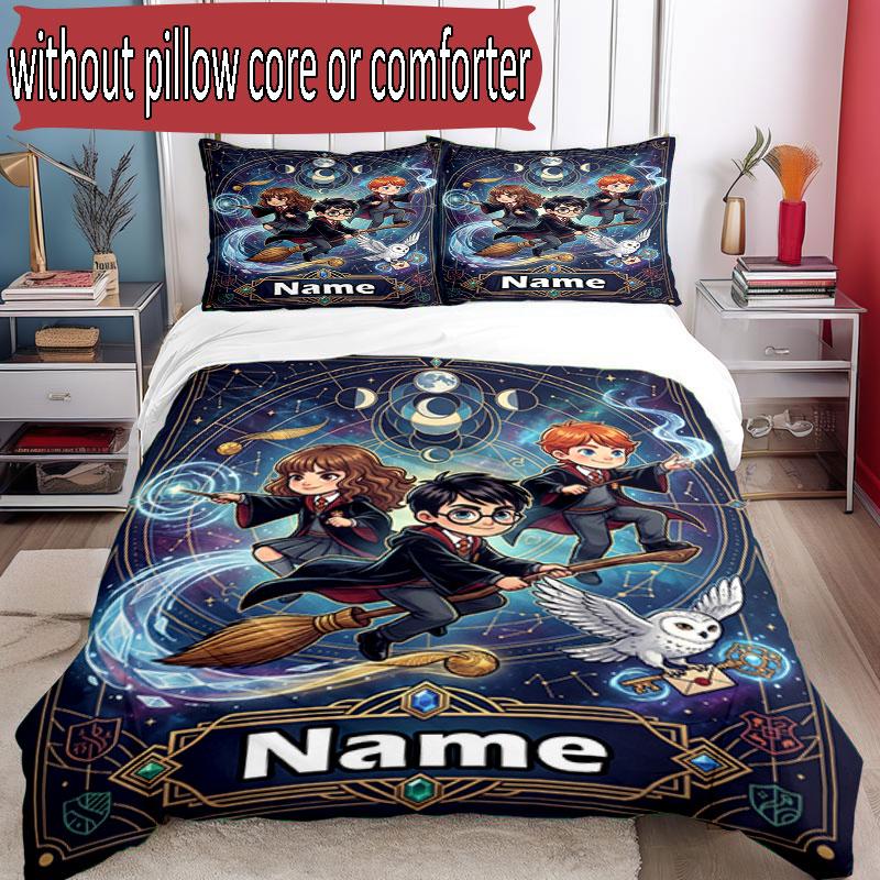 3pcs Duvet Cover Set (1*Duvet Cover + 2*Pillowcase, Without Core), Custom Name Harry potter Pattern Bedding Set, Home Bedroom Decor Gift