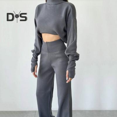2 Pcs/Set Women Top Pants Suit High Collar Long Sleeve Loose Short Sweatshirt Elastic High Waist Wide Leg Solid Color Pants Sports Jogging Fall