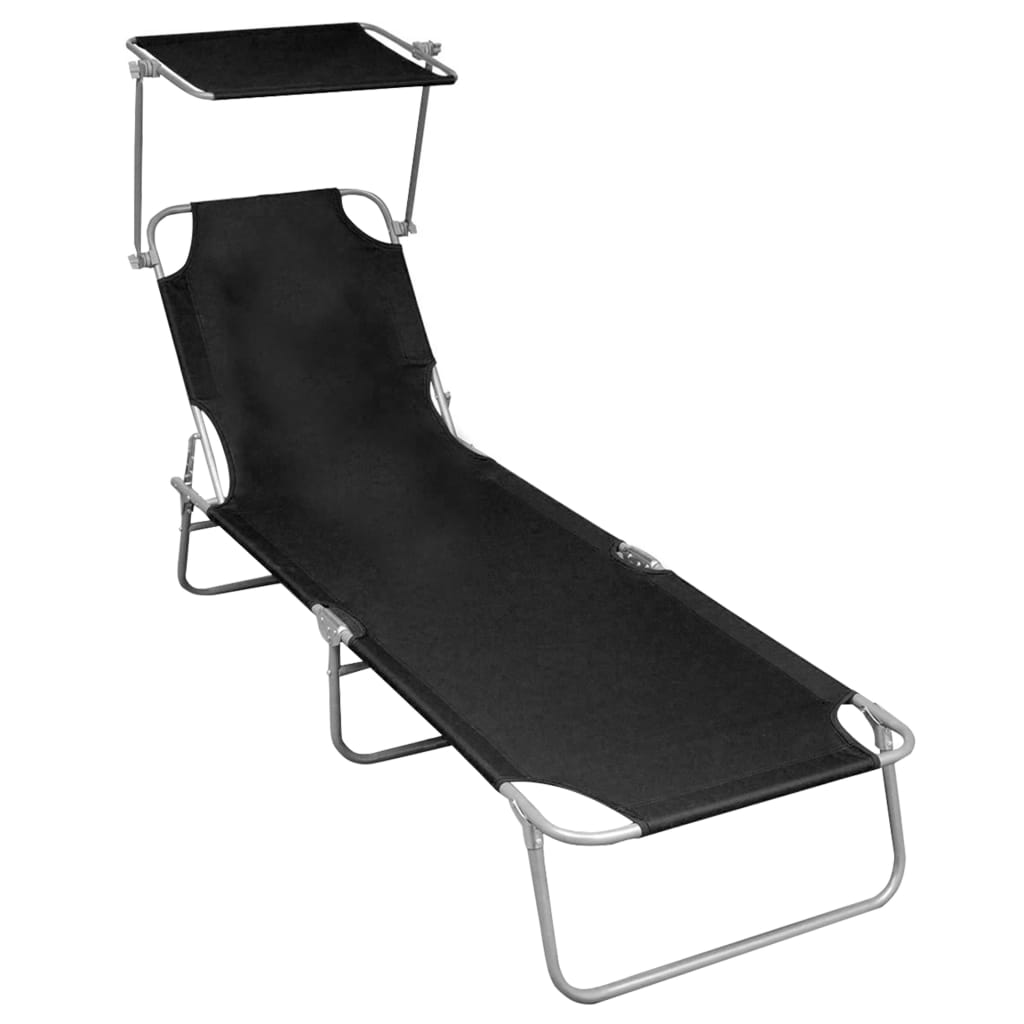 Folding Sun Lounger with Sun Canopy Black Aluminum