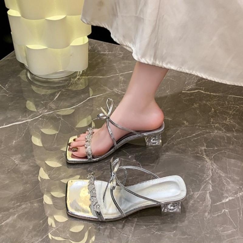 Dámské pantofle Luxusní kamínkové boty na vysokém podpatku Pantofle s mašlí pro ženy 2025 Léto Nové vysoké podpatky Sandalias Mujer