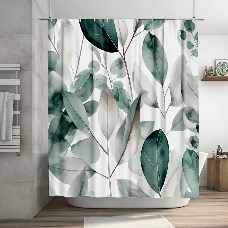 Watercolor Eucalyptus Leaves Shower Curtain - Soft Green & Teal,  Easy Clean with Hooks