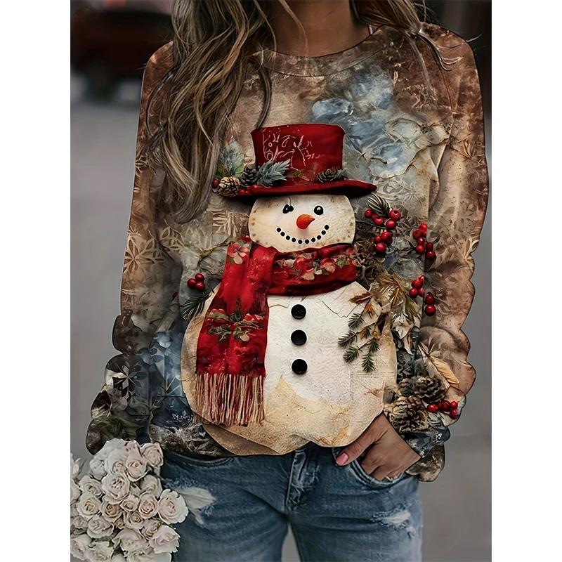 Christmas Snowman 3D Printed Sweatshirt Women's Fashion Casual Street Style Crew Neck Hoodie Y2k Pullover Harajuku Style Top Wom