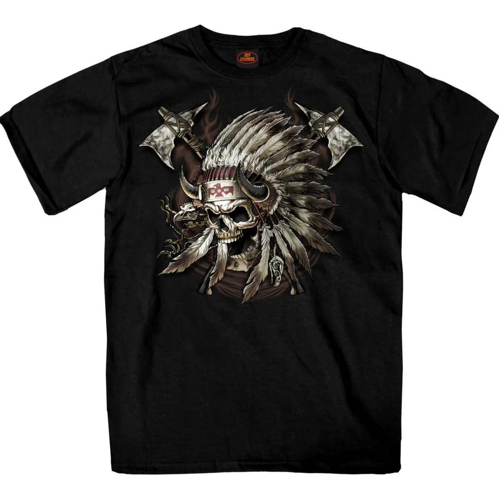 Black Skull Indian Chief Feather Hat Axe Unisex Cotton TShirt Retro Cool Graphic Tee Athletic Grunge Style
