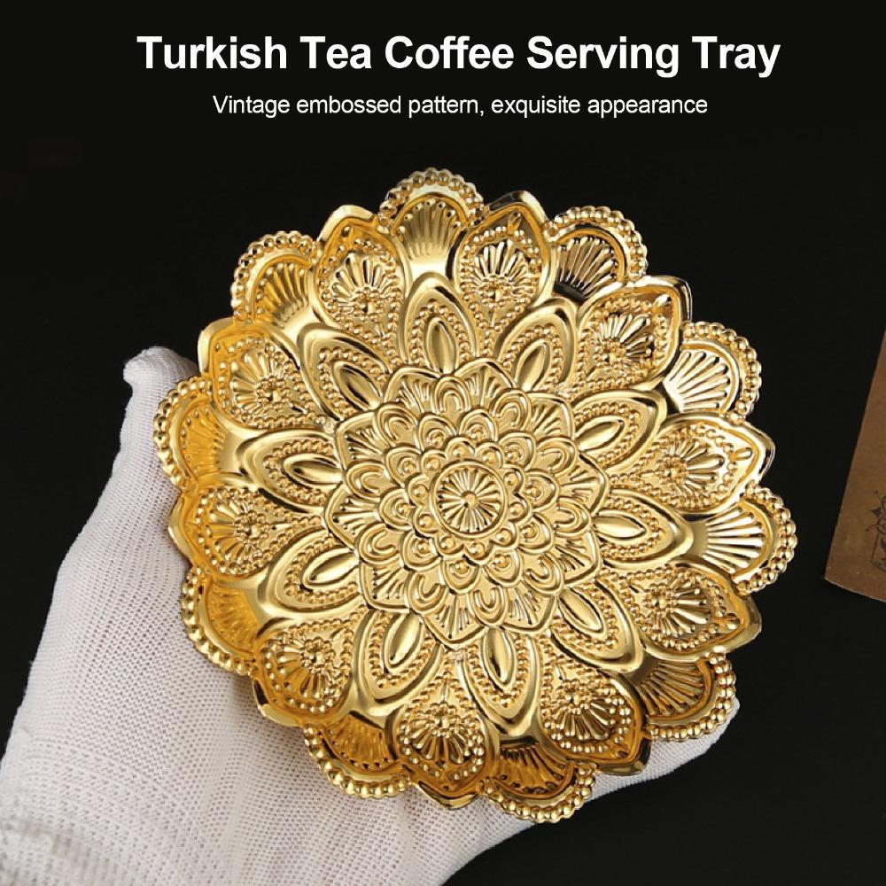 Gold Metal Coffee Tea Tray Retro Embossed Round Flower Tray Turkish Serving Tray  Outdoor Use