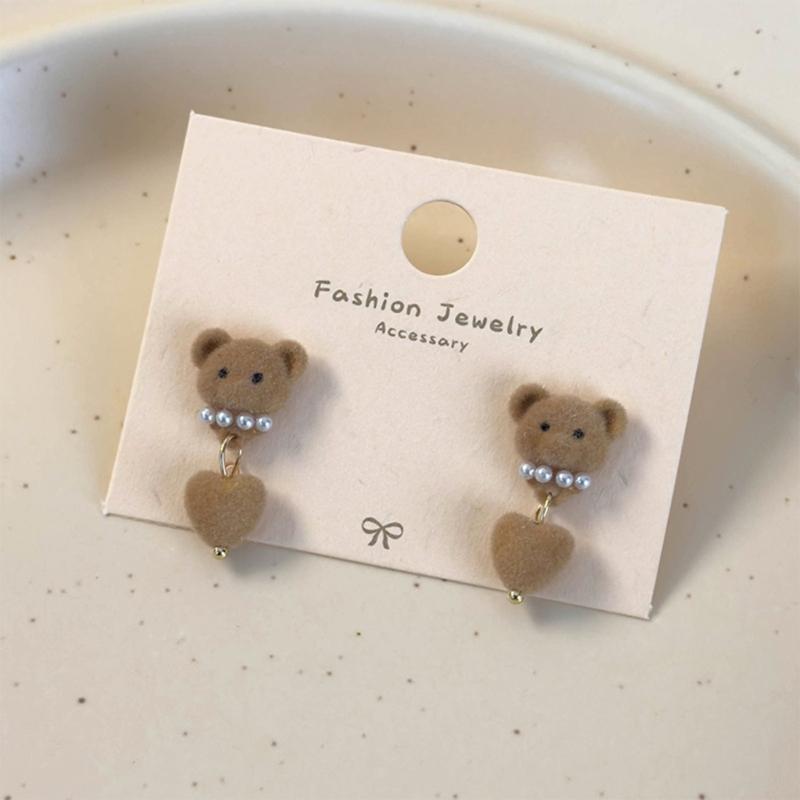 Autumn Winter Earrings Coffee Colored Flocking Bear Earrings Sweet Cartoon Style Ear Studs Suitable for Trendy Women
