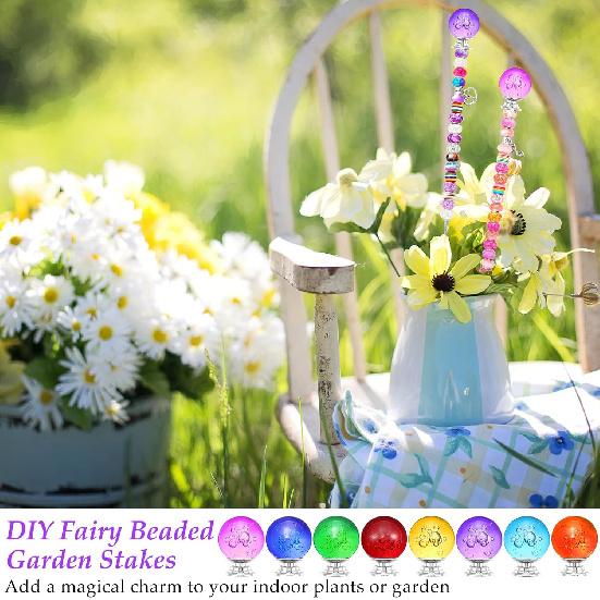 Chunful 176 Pcs Garden Stakes Fairy Wand Garden Stakes with Crystal Stopper Top Beaded Round Glass Bead Antique Silver Bail Beads with Pendant Silver