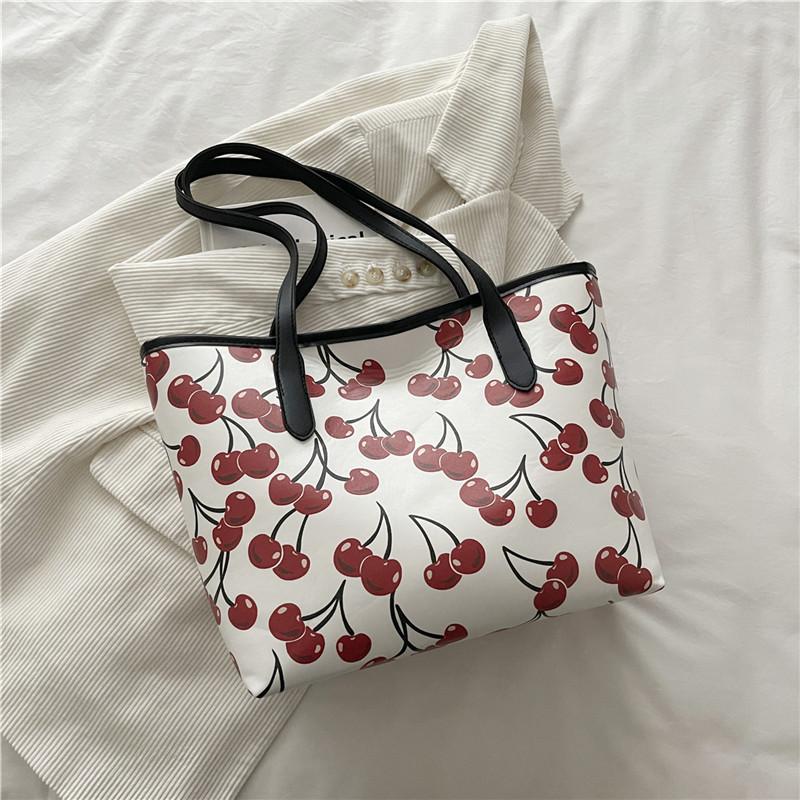 Cherry Print Large Capacity Tote Bag Fashionable Soft Faux Leather Shoulder Handbag for Women