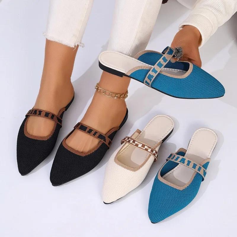 Fashion 2024 New Summer High Quality Women's Shoes Fashion Baotou Women's Slippers Fabric Pointed Toe Square Heel Women's Flat Shoes