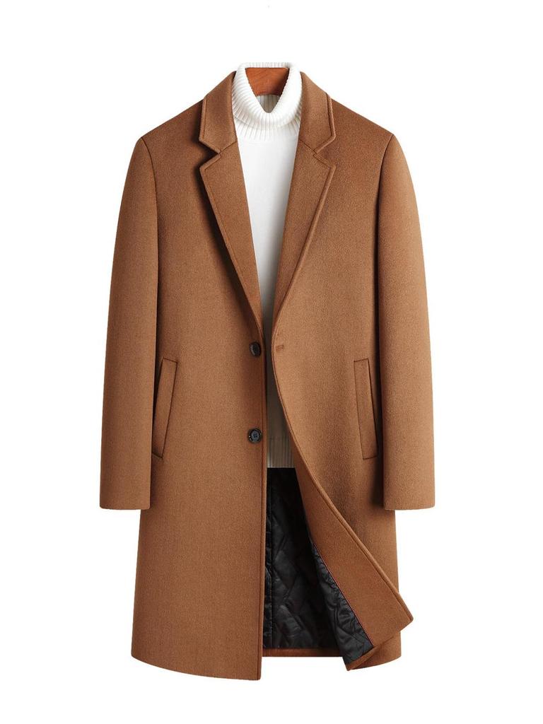 Men's Mid-Length Wool Overcoat with Cotton Padding and Suit Collar - Casual Plus Size