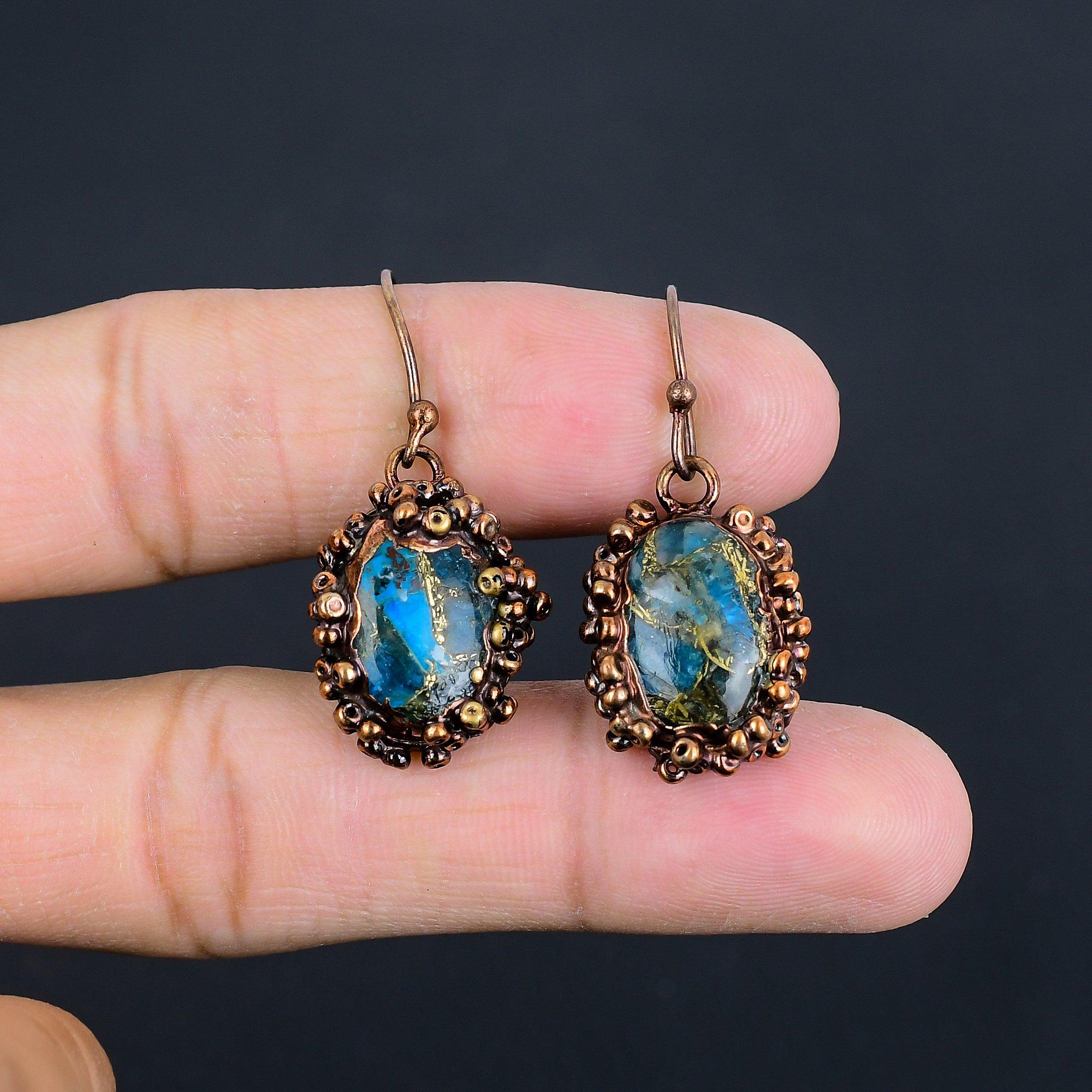 

Медные серьги с апатитом неонового синего цвета, гальванопластика медью, украшения ручной работы с драгоценными камнями, подарки для жены, совершенно новые серьги 2.55 Inches