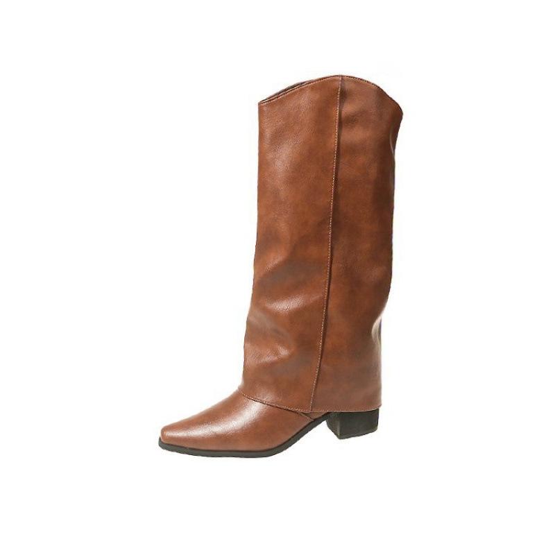 

Новые женские осенне-зимние ботфорты до колена на толстом каблуке с острым носком, имитирующие брючины, в стиле Spice girl для жарки на улице 42 коричневый