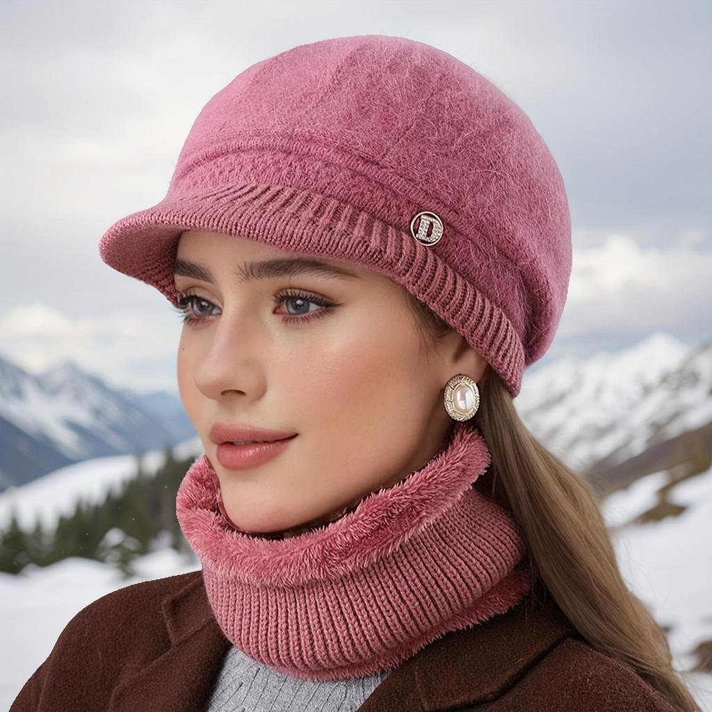 Women's Warm Knitted Winter Hat Warm Hat with Padded Fleece Lining and Ear Protection with Sun Visor Brim