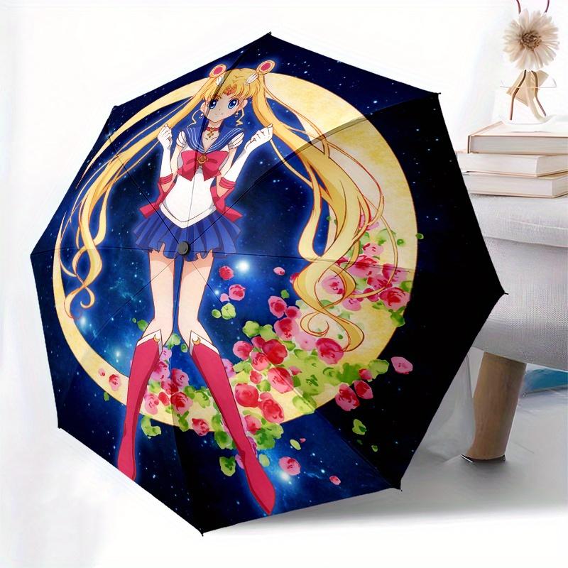 Sailor Moon Sichelmond mit Blumen Schirm, Tragbarer 3-fach Kompakter Schirm für Damen & Herren, S75